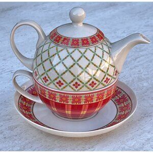Harry & David 3 Piece Teapot & Cup Set Ceramic Red & Green Floral Plaid